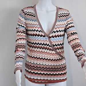Chevron Knit Wrap Top Multi Color V-Neck Tie Back Long Sleeve